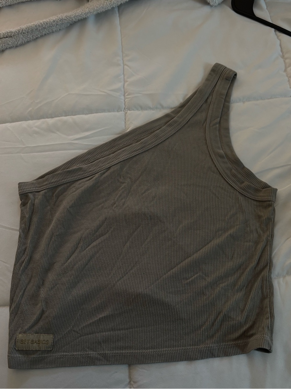 SET Active One-Shoulder Ribbed Crop Tank in Olive Gray
